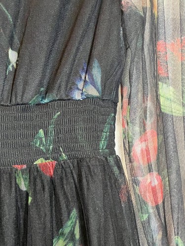 Long SHEER FLORAL RUFFLE DRESS~Black Tulle Designer Style - Picture 5 of 23