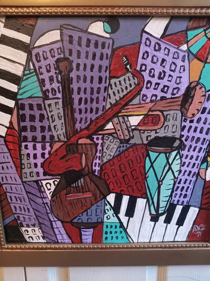 Instrumentos musicales cubistas modernistas de colección pintura y paisaje urbano firmados AVZ 1971 Foto 2 de 4
