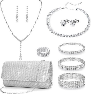 11 Pcs Silvery Clutch Purse Crystal Jewelry Set for Women Shiny Rhinestone Jewel