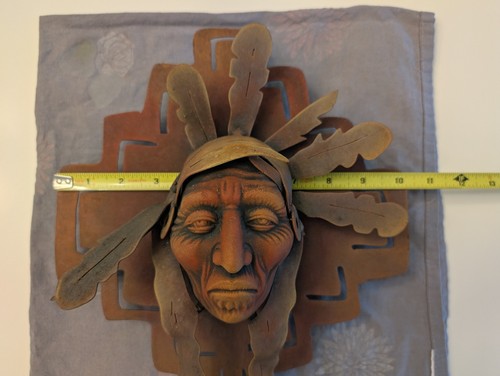 Vintage Native American Wall Sculpture 3D Metal Art w/ Feathers approx 13 X 10" - Picture 8 of 9
