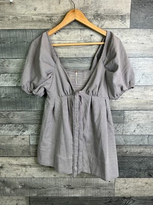 Free People Hängerchen Top Gr. XS grau vorne zum Binden Danu Heritage Puffärmel