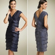 Adrianna Papell Metallic Blue Tiered Dress Size 8 Midi Shutter Pleat Cocktail