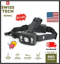 Swiss Tech 680-LUMENS RECHARGEABLE DUAL POWER LED HEADLAMP Motion Activated AAA