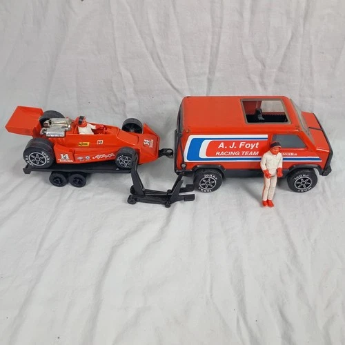 Vintage Tonka AJ Foyt F1 Racing Team Van Racecar Trailer & Figure 1979 Lot Rare