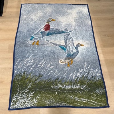 VTG Biederlack Mallard Duck Throw Blanket Blue USA Wildlife LodgeDucks Geese