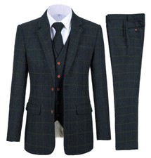 Men's Navy Blue Plaid 3 Piece Tweed Vintage Check Prom Groom Tuxedo Wedding Suit