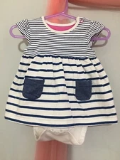 Baby Girls Mothercare White & Navy Striped Summer Dress Built In Vest 0-3m💙💙