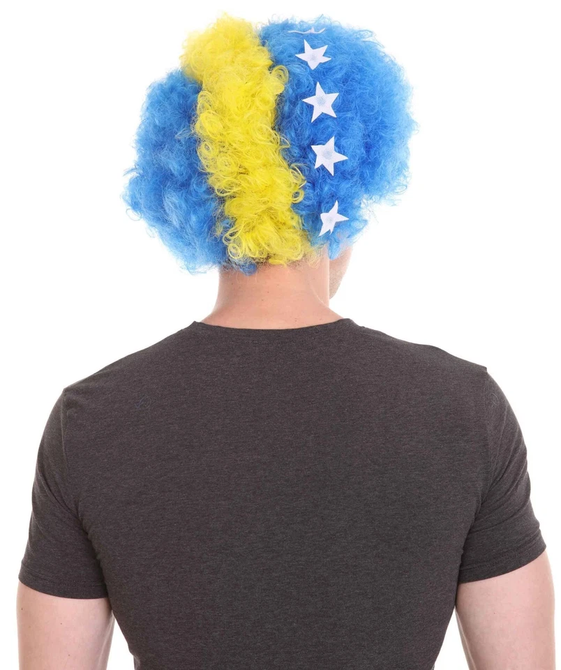 Peluca afro bandera patriótica de Bosnia, fibra sintética ignífuga, HM-728 Foto 4 de 4