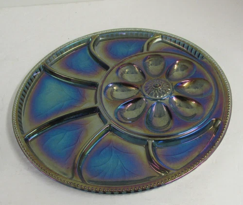 vintage indiana carnival blue pebble leaf glass deviled egg/ relish platter