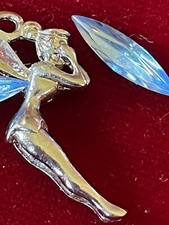 Charm Fairy Tinkerbell Blue Rhinestone Crystal Sparkling Wings Silver Tone 1.25"