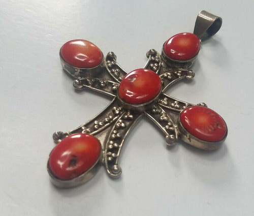 Vintage Genuine 925 Sterling Silver Natural Coral Gemstone Cross Pendant 3 3/4'' - Picture 4 of 6