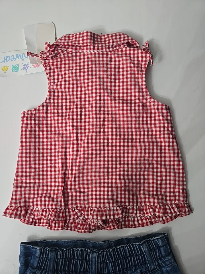 Miniwear Guinga Vintage Rojo Top Y Denim Azul Jean Pantalones Cortos Bebé Niña Talla 0-3M Foto 3 de 4