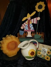 Sunflower Decor Lot USA Marked Creamer Pitcher Candle Frame Folk Art Primative