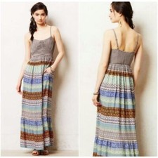 Anthropologie Lilka Womens Boho Mixed Print Artsy Pleated Maxi Dress Size S