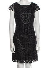 NWT ALICE + OLIVIA US 10 Black Faux Leather Floral Lace Cut Out Sheath LBD Dress