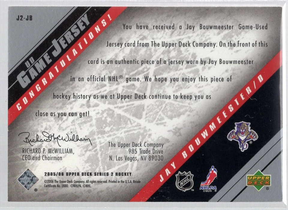 * 2005-06 Upper Deck - Game Jersey #J2-JB - JAY BOUWMEESTER - Image 2 of 2