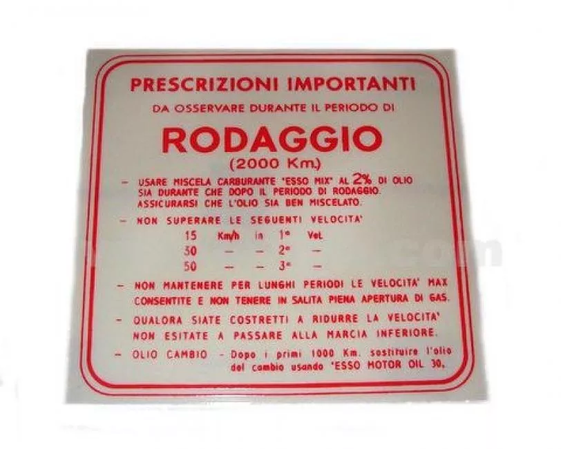 Adesivo "RODAGGIO" 2%, 3 marce - VESPA 125 VNB1T..4T, 150 VBA1T