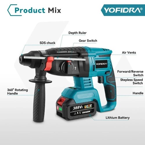 YOFIDRA 26MM Trapano a percussione elettrico senza spazzole Utensili elettrici - Foto 4 di 7