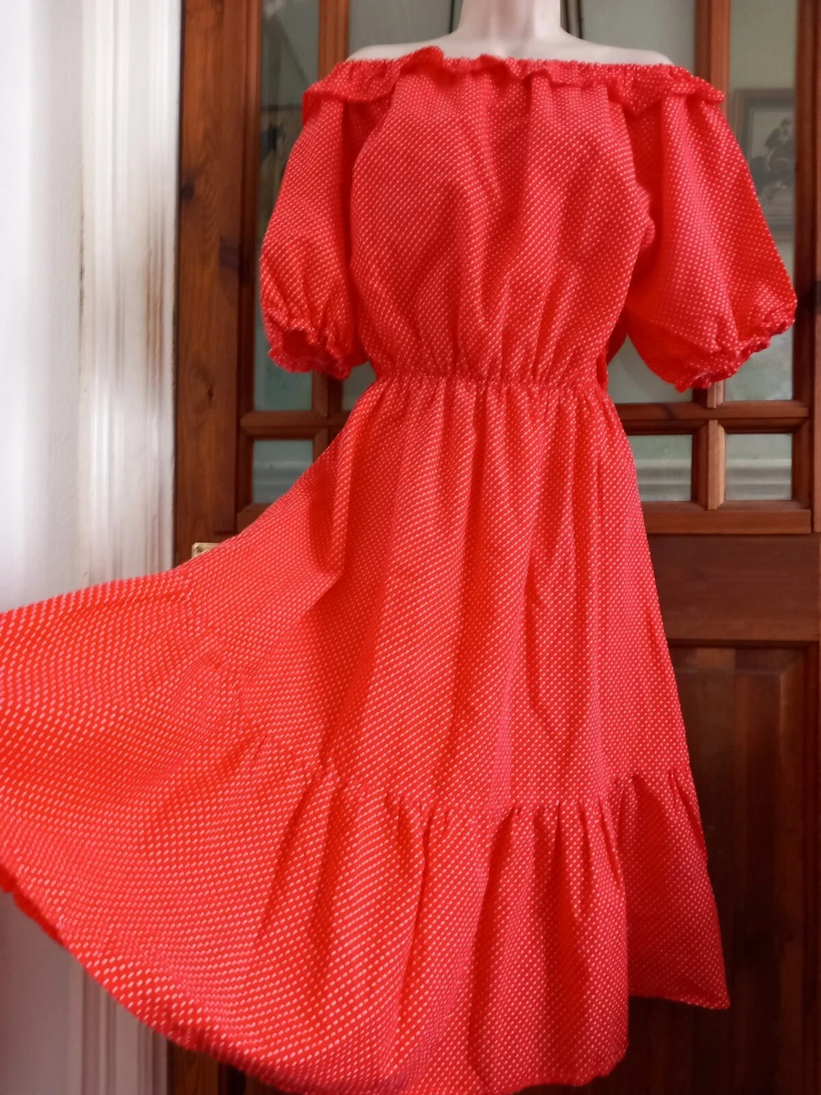 Vintage 1970s Cotton Bardot Off Shoulder Ruffle Gypsy Midi Dress Size 10 12 14