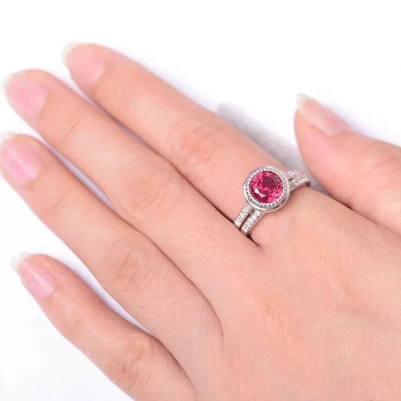 Women's Bridal Ring 3.80Ct Created Red Ruby Engagement Set 14K White Gold Finish - Image 3 of 4