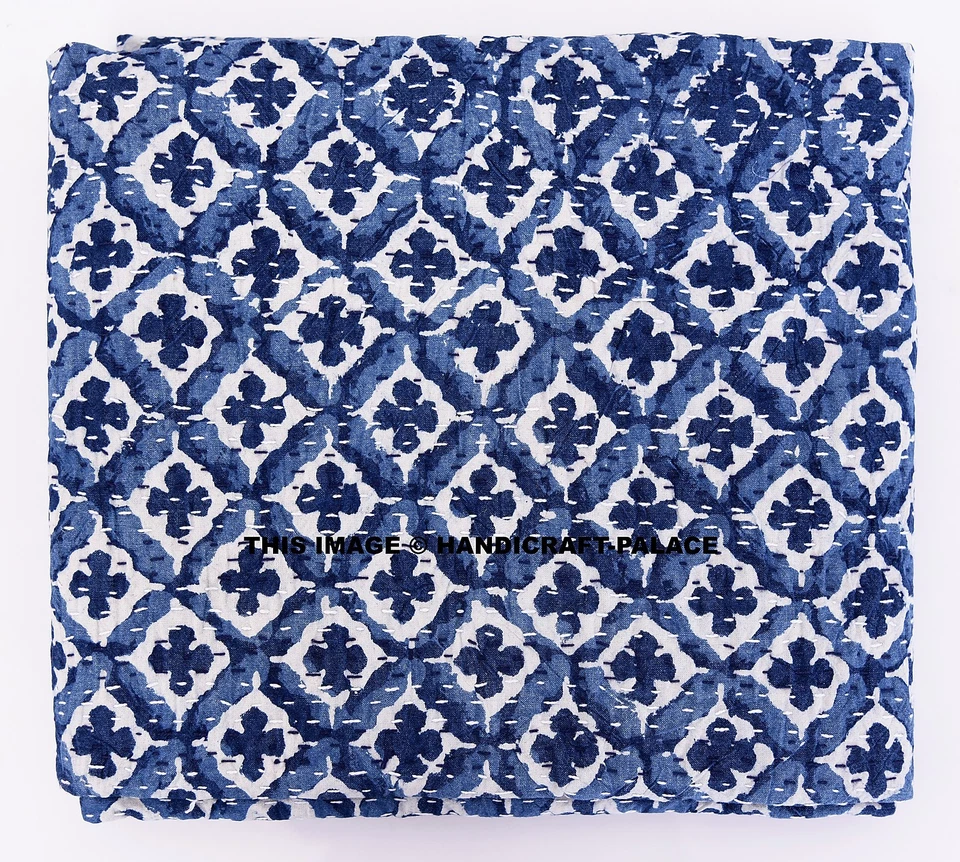 Zwilling Größe Kantha Bettbezug Indigo Blau Decke Hand Gesteppt Überwurf - Bild 4 von 4