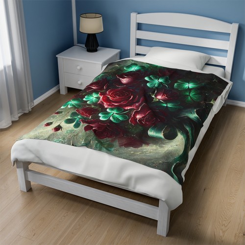 Luxus Rote Rose & Glücksklee Samt Plüschdecke - Elegant Kuschelig Romantisch - Bild 9 von 9