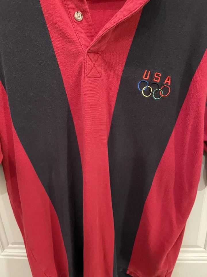 复古 90 年代 Champion Olympic 美国 Polo 红色和黑色垂直条纹衬衫 尺寸 L — 第 3/4 张图片