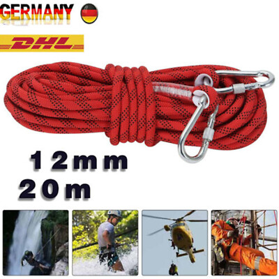 20M 12mm Kletterseil Sicherheitsseil mit Karabinerhaken Seil Sicherung Camp DE