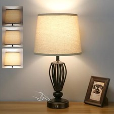 USB Bedside Lamp, 3-Way Dimmable Touch Table Lamp, Black Metal Base
