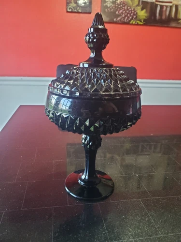 Vintage Indiana Glass Black Milk Pedestal Candy Dish with Lid