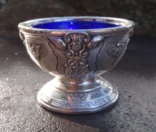 1950s Silverplated Open Salt Dip, Cellar, Dish w/Cobalt Blue Glass Liner!