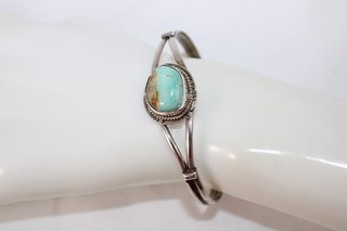 Sterling Silver & Light Turquoise Bezel Set Cuff Bracelet Signed "B"