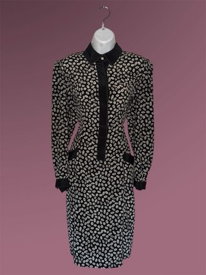 Vintage Black & Cream 80 s Midi Dress, Funky Retro Pattern, Pockets (Size 8/L)
