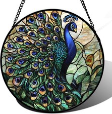 Stained Glass Window Hanging, Turquoise Peacock Sun 6.3x6.3 IN, Blue-green