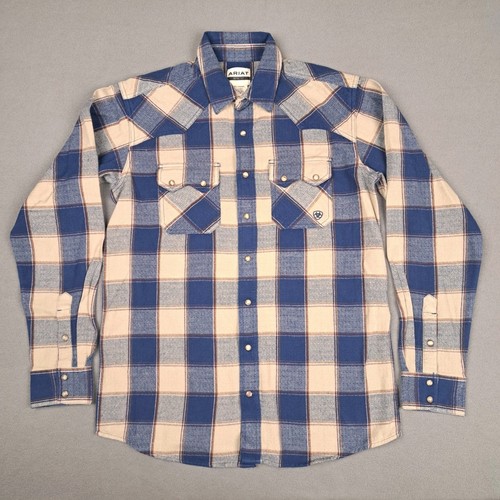 Ariat kariert Flanell Herren Größe Large groß blau Perlen Druckknopf Sägezahn Tasche
