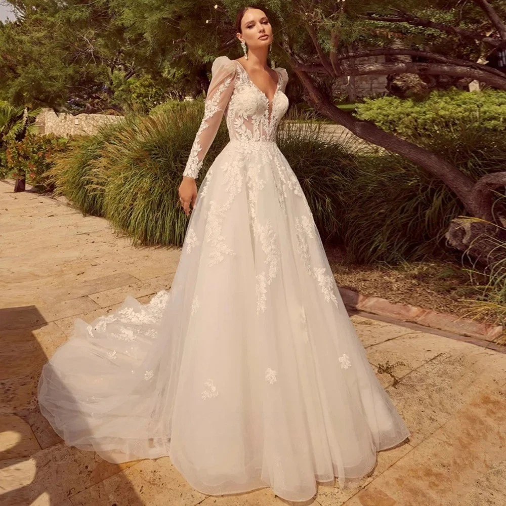 long sleeve wedding dress beaded Tulle Long Sleeves Satin Wedding Dresses Ball Gown Beaded Bodice