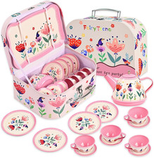 Floral Tea Party Set for Little Girls Ages 3-6, 15-Piece Pretend Play Kitchen To