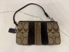 COACH Wristlet Signature Pouch Monogram Top Zip Canvas Brown Leather Size 7x4