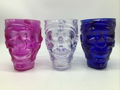Vintage Treasure Island Luminarc 3D Pirate Skull Acrylic Mug Lot Of 3 Colors
