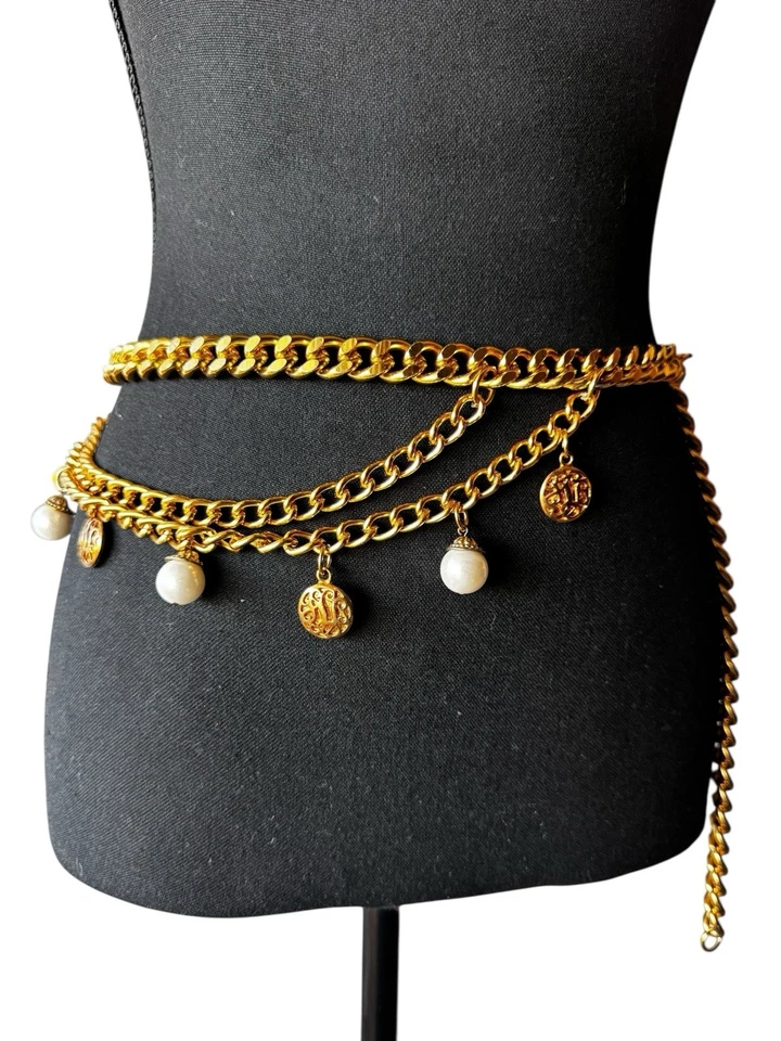 Vintage 90’s Gold Medallion Triple Chain Waist Belt Multi Layer Pearls 38” - Image 4 of 4