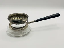 Vintage Wood handle and Sterling Silver Tea Strainer with Glass Base, 7"