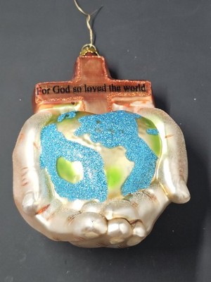 VTG Blown Glass Cross Hands Holding Heart World Christmas Ornament 5.5''