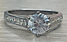 Vintage DBJ Sparkling CZ Solitaire Accents Engagement Ring Silver Tone SZ 8.25
