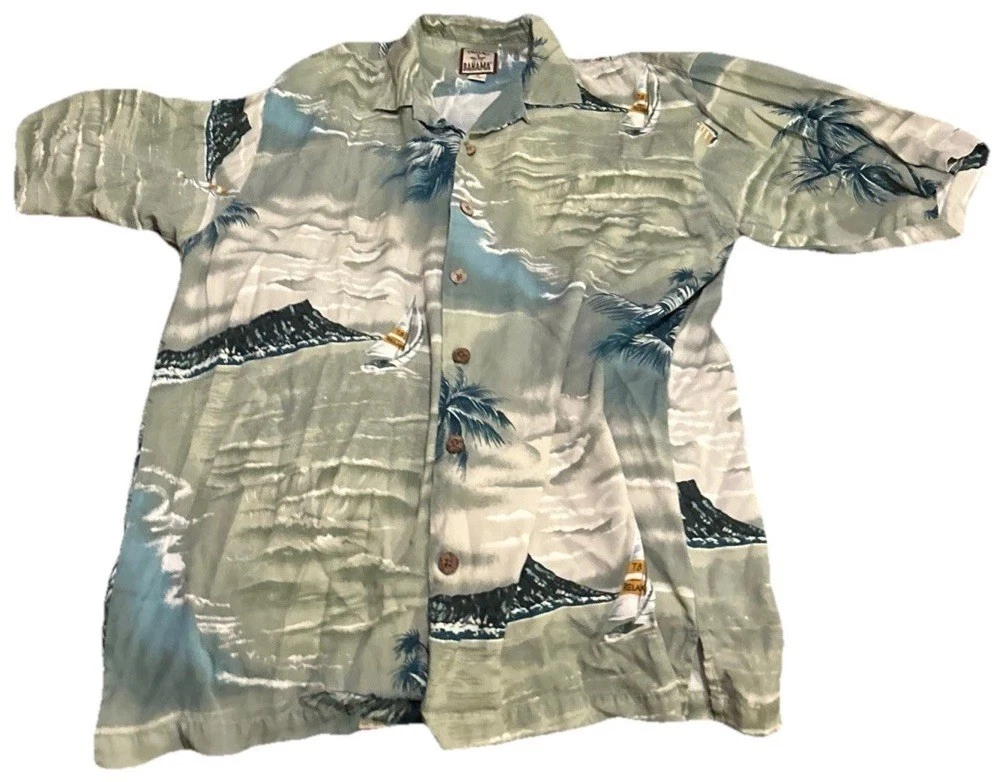 Tommy Bahama Shirt Adult Medium Green Silk Button Up Short Sleeve Sailboat Men M