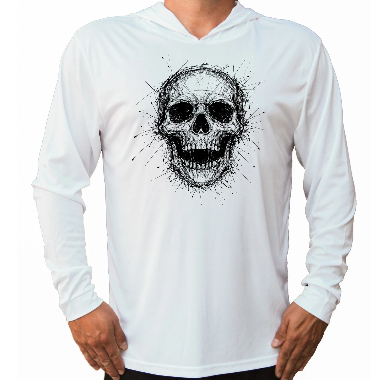 Skull Biker Sport UV Protected UPF 50 Long Sleeve T-Shirt Hood Fishing Sun Beach