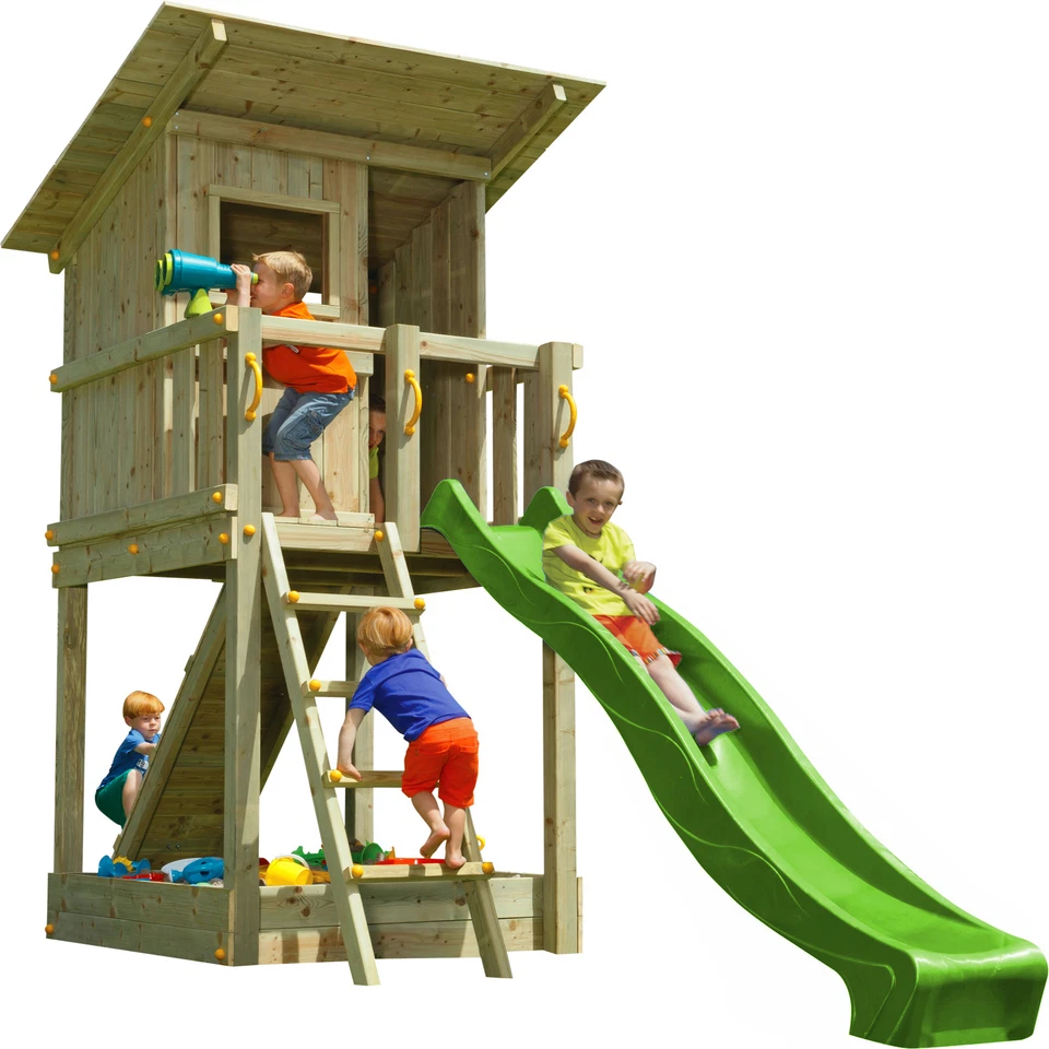SPIELTURMKING Spielturm BEACH HUT Rutsche Rampe m. Seil Holzturm Outdoorspielplatz Kletterturm