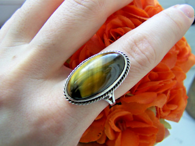 WUNDERSCHÖNER MODERNIST VINTAGE 925 MASSIV STERLINGSILBER TIGER KATZENAUGE RING GRÖSSE N