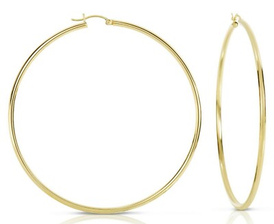 14K Real Solid Yellow Gold Shiny Polished Round Creole Hoop Earrings All Sizes