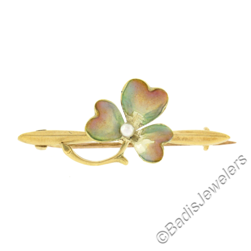 15k Gold Seed Pearl Matte Pastel Green & Pink Enamel Clover Leaf Brooch Pin - Picture 1 of 4