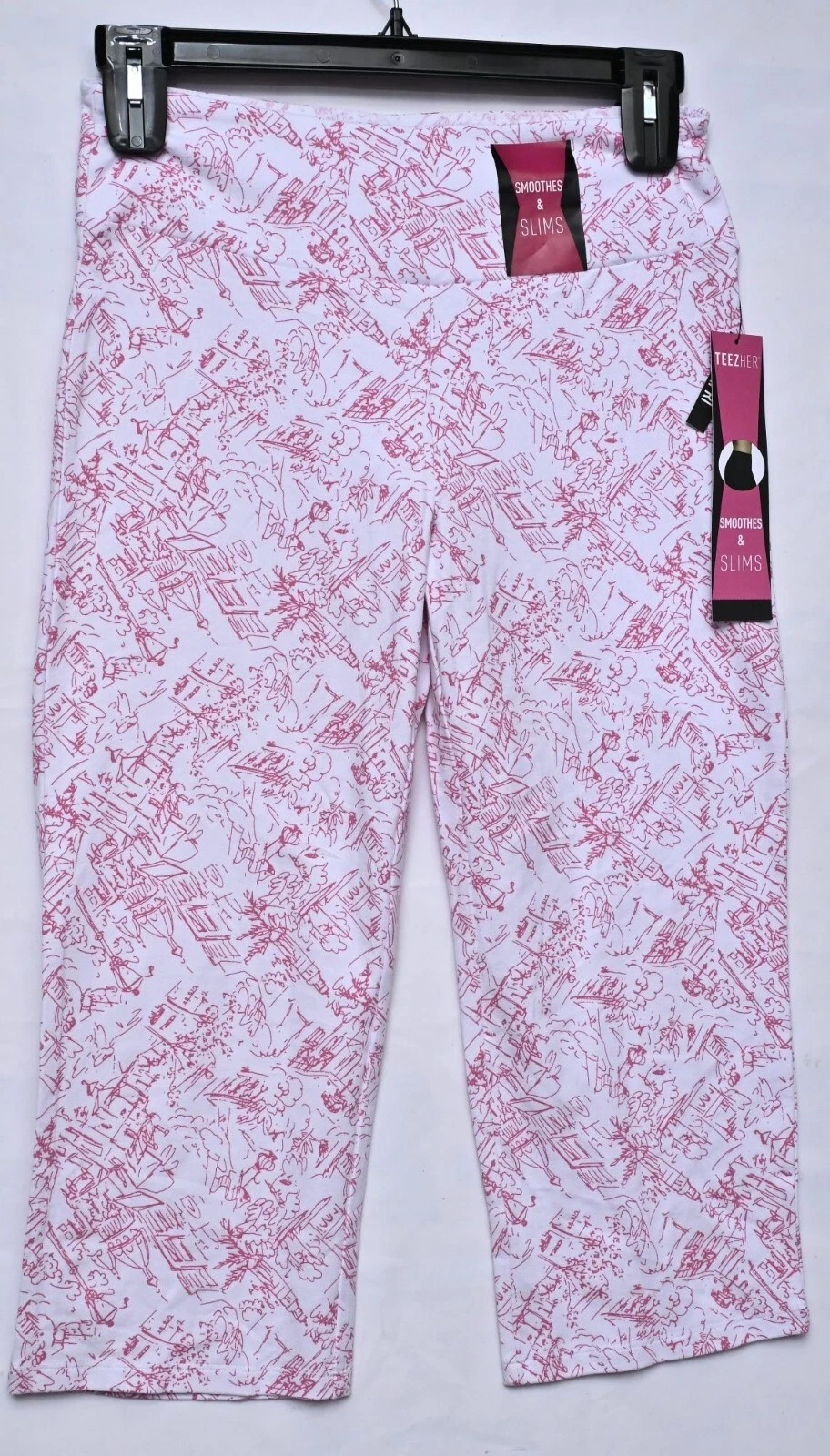Teezher Womens Pink Sydney Scene Slimming Stretch Capri Pants Size M NWT